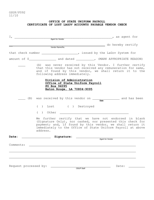 Form OSUP/F092 Certificate of Lost Lagov Accounts Payable Vendor Check - Louisiana