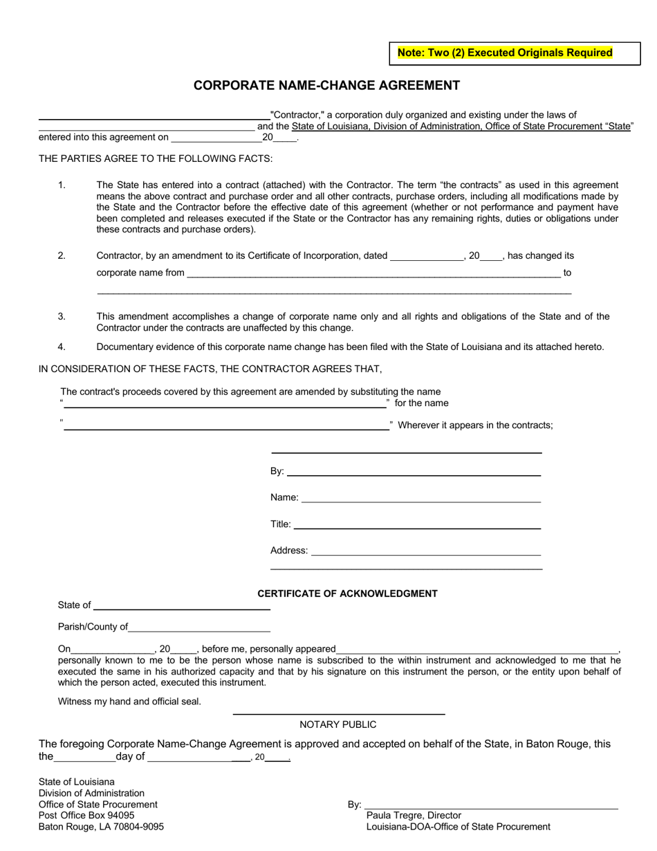 Corporate Name-Change Agreement - Louisiana, Page 1