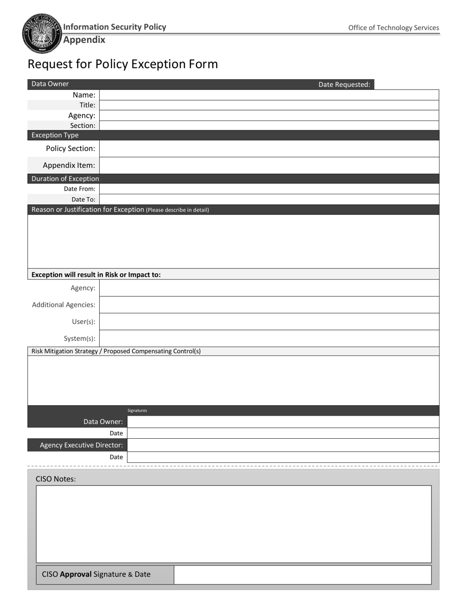 Request for Policy Exception Form - Louisiana, Page 1