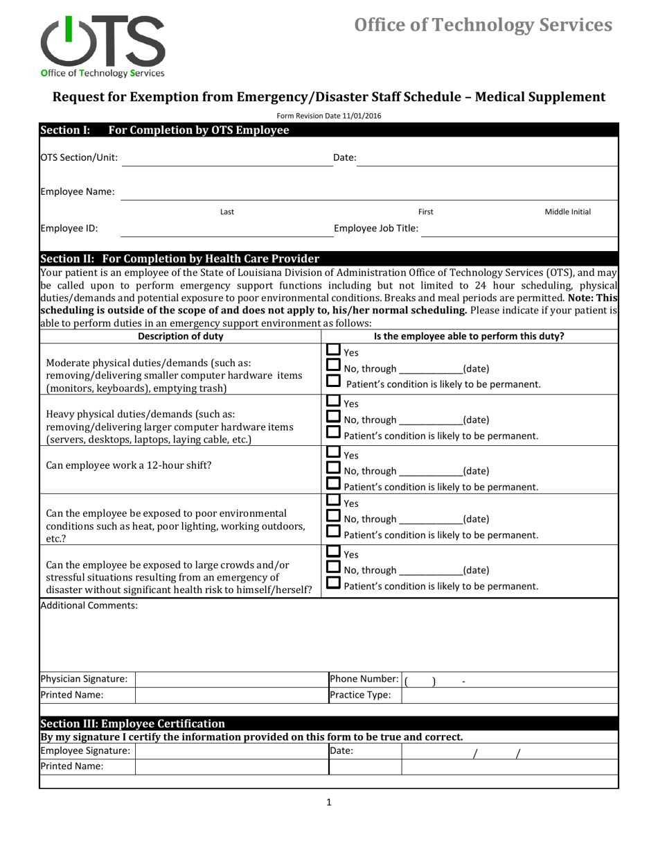 Request for Exemption From Emergency / Disaster Staff Schedule - Medical Supplement - Louisiana, Page 1