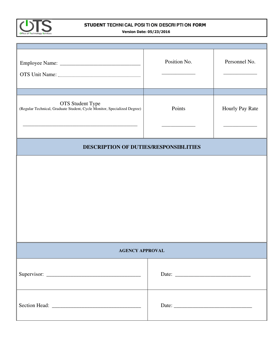 Student Technical Position Description Form - Louisiana, Page 1