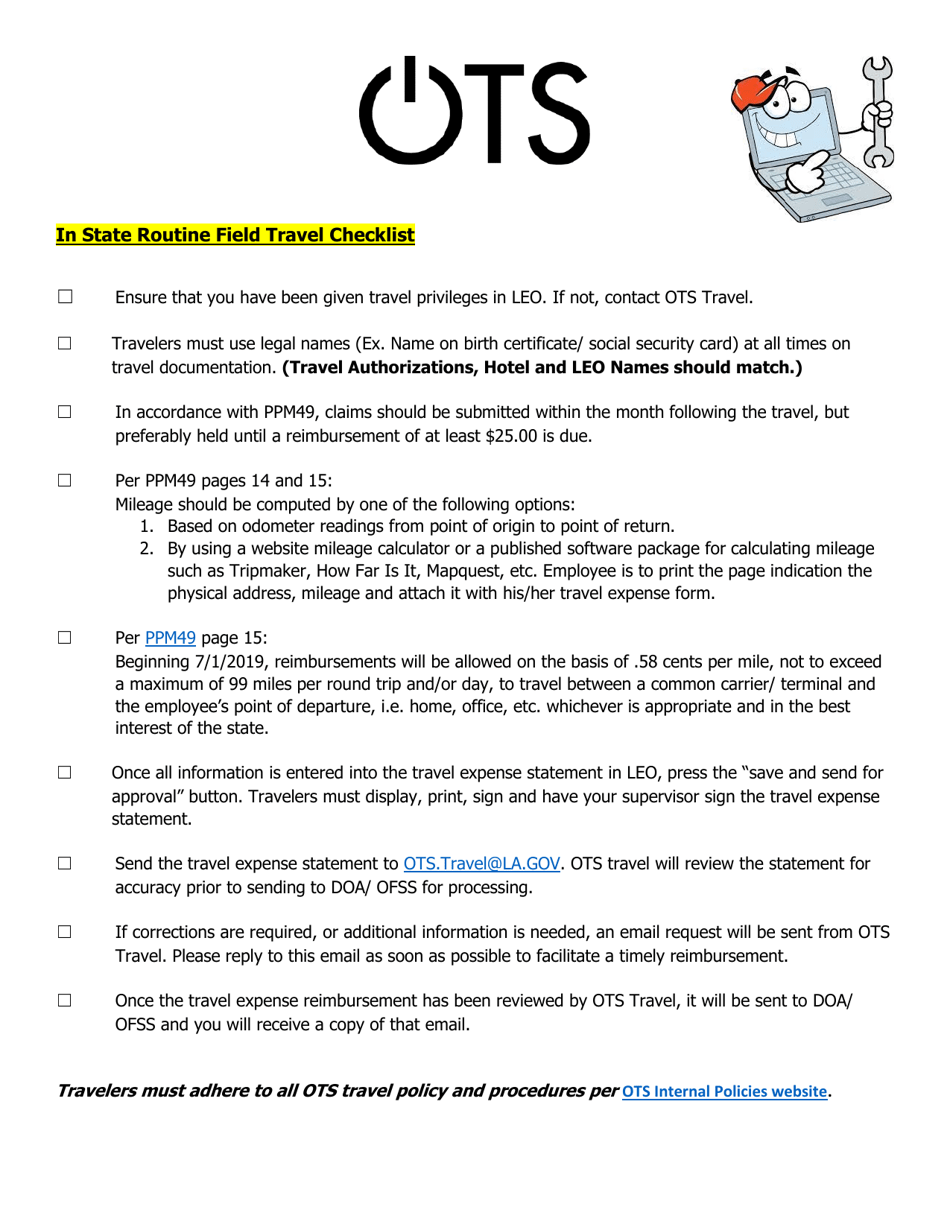 In State Routine Field Travel Checklist - Louisiana, Page 1