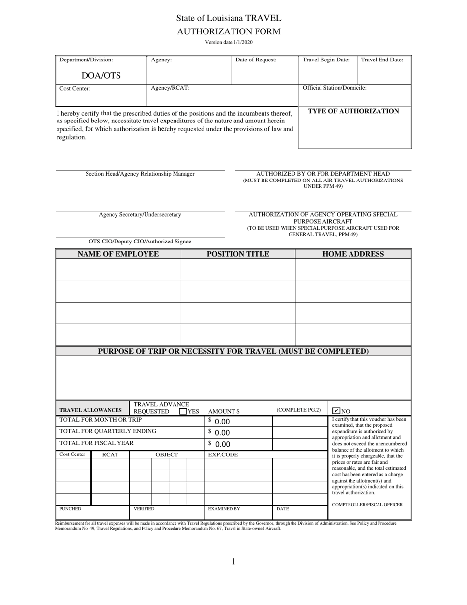 Travel Authorization Form - Louisiana, Page 1