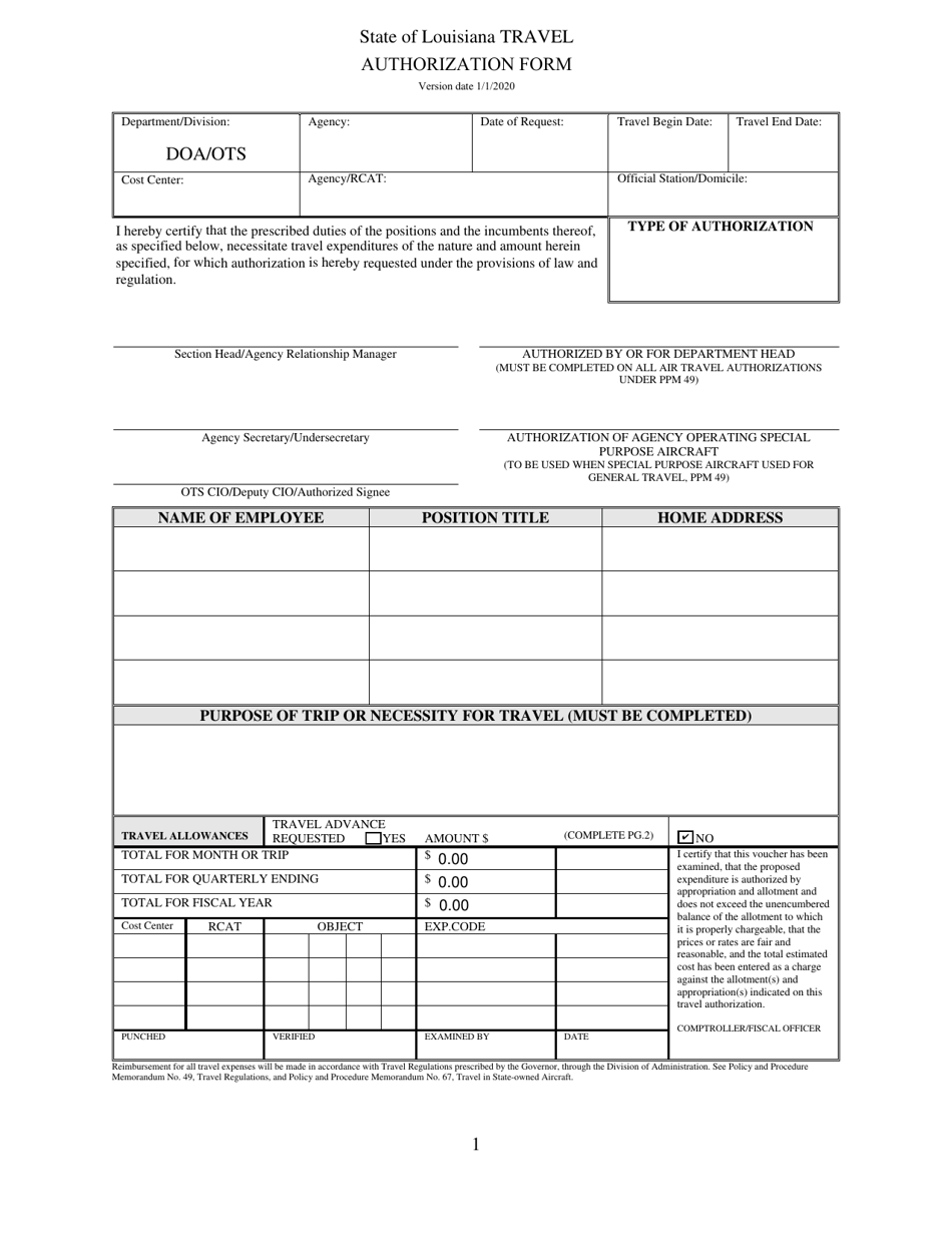 Louisiana Travel Authorization Form Download Fillable PDF | Templateroller