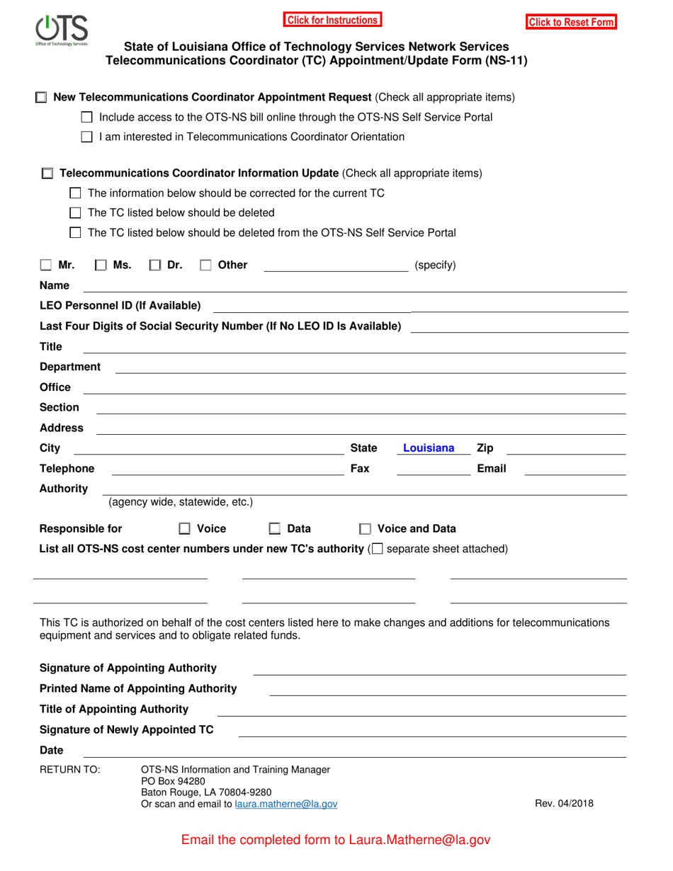 Form NS-11 Telecommunications Coordinator (Tc) Appointment / Update Form - Louisiana, Page 1