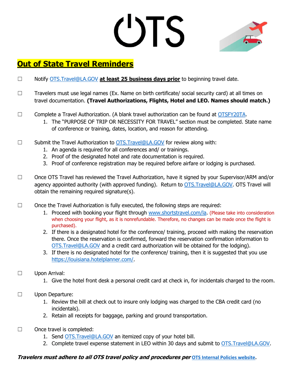 Out of State Travel Reminders - Louisiana, Page 1