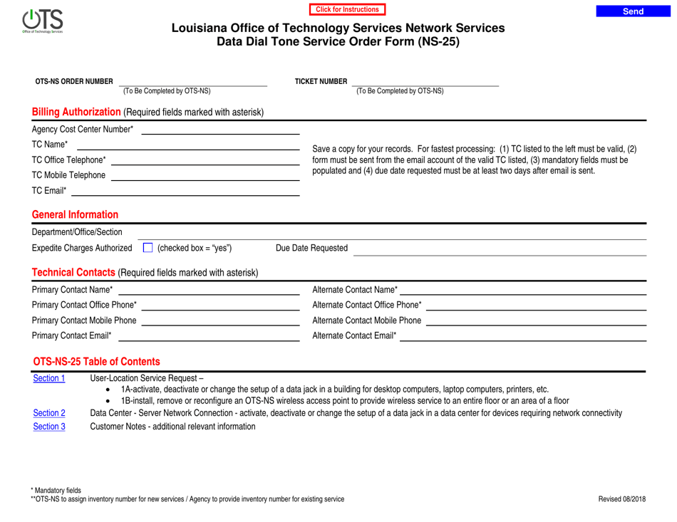 Form NS-25 Data Dial Tone Service Order Form - Louisiana, Page 1