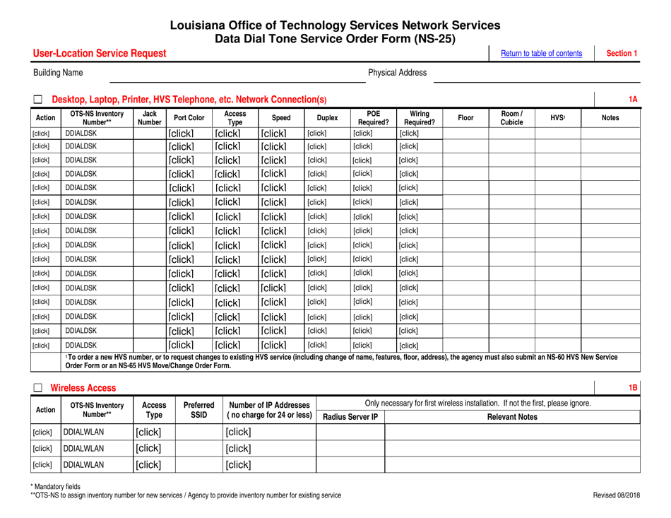 Form NS-25 Data Dial Tone Service Order Form - Louisiana, Page 2