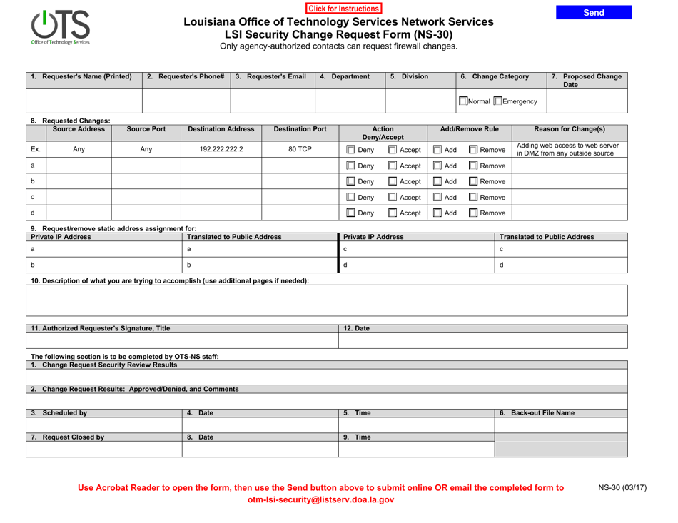Form NS-30 Lsi Security Change Request Form - Louisiana, Page 1