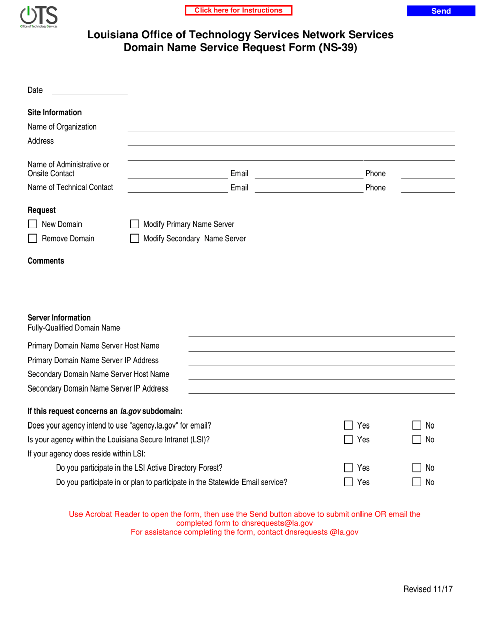 Form NS-39 Domain Name Service Request Form - Louisiana, Page 1