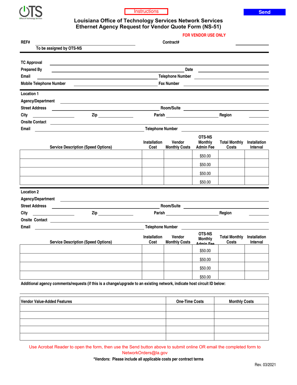 Form NS-51 Ethernet Agency Request for Vendor Quote Form - Louisiana, Page 1