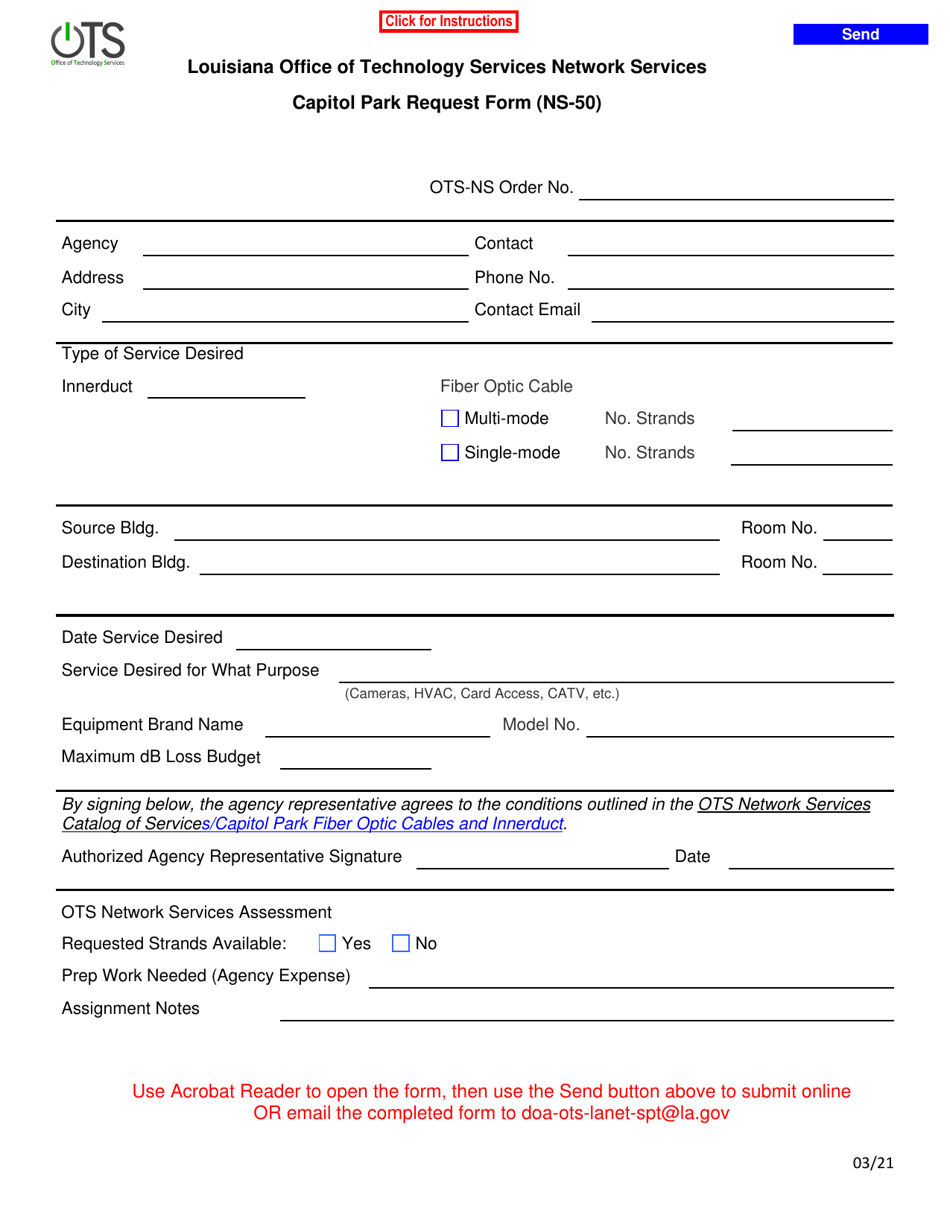 Form NS-50 Capitol Park Fiber Request Form - Louisiana, Page 1