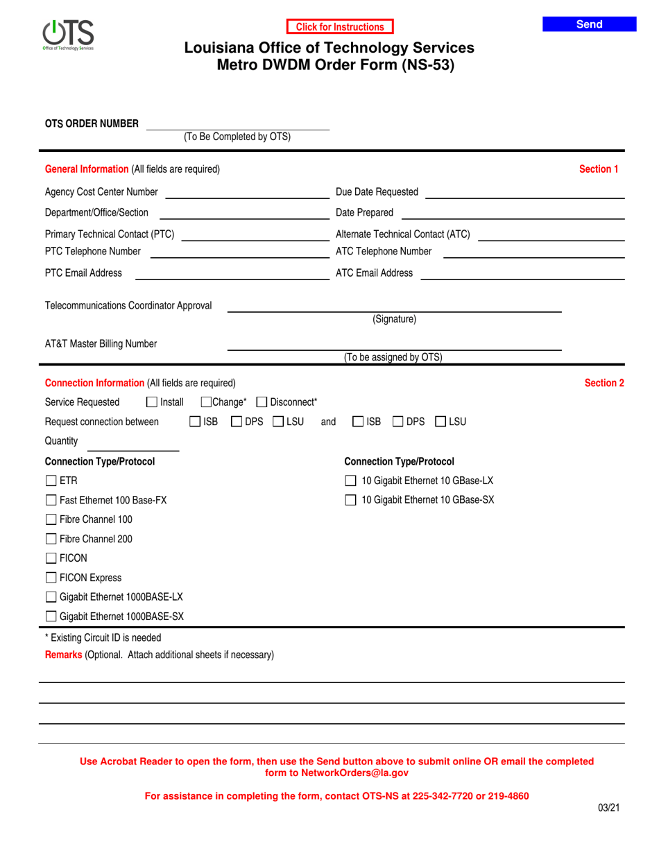 Form NS-53 Metro Dwdm Order Form - Louisiana, Page 1