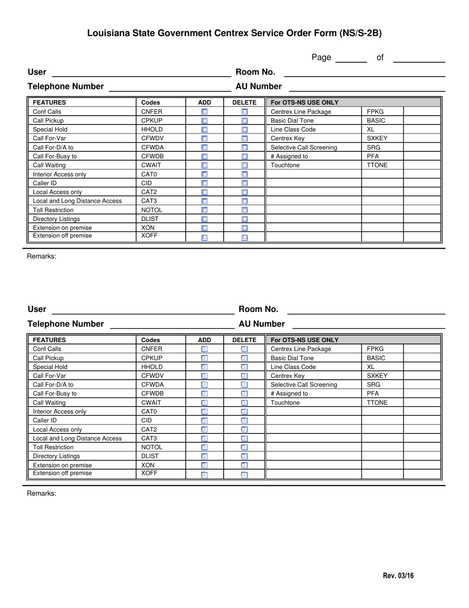 Form NS-2 Louisiana State Government Centrex Service Order Form - Louisiana, Page 2
