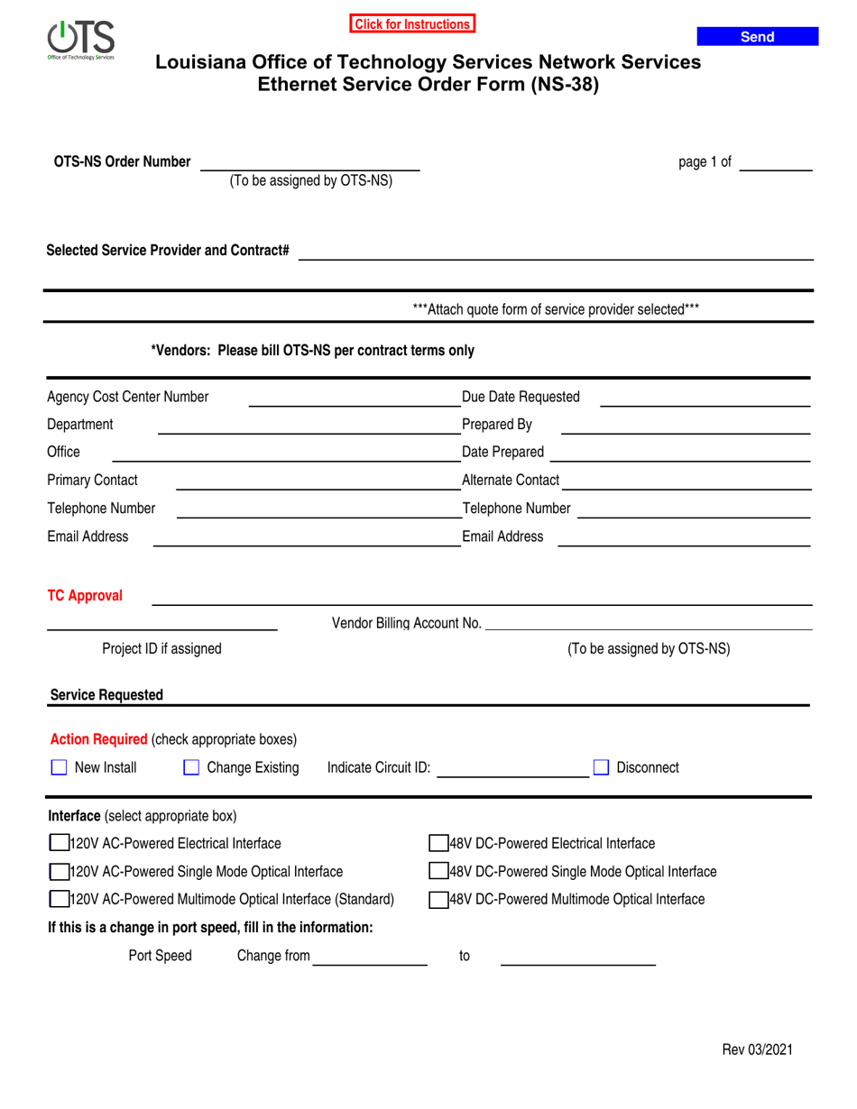 Form NS-38 Ethernet Service Order Form - Louisiana, Page 1