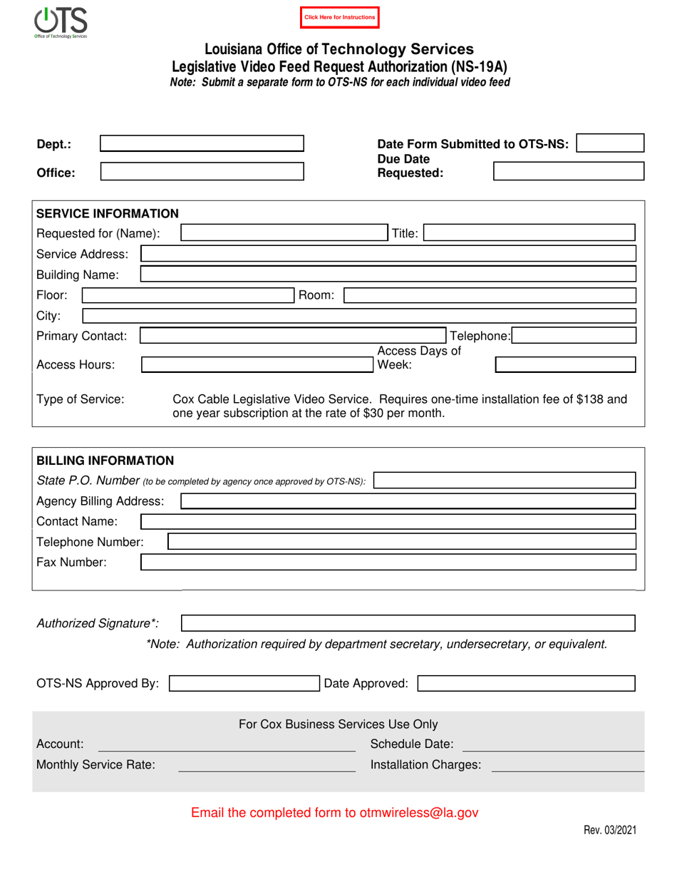 Form NS-19A Legislative Video Feed Request Authorization - Louisiana, Page 1