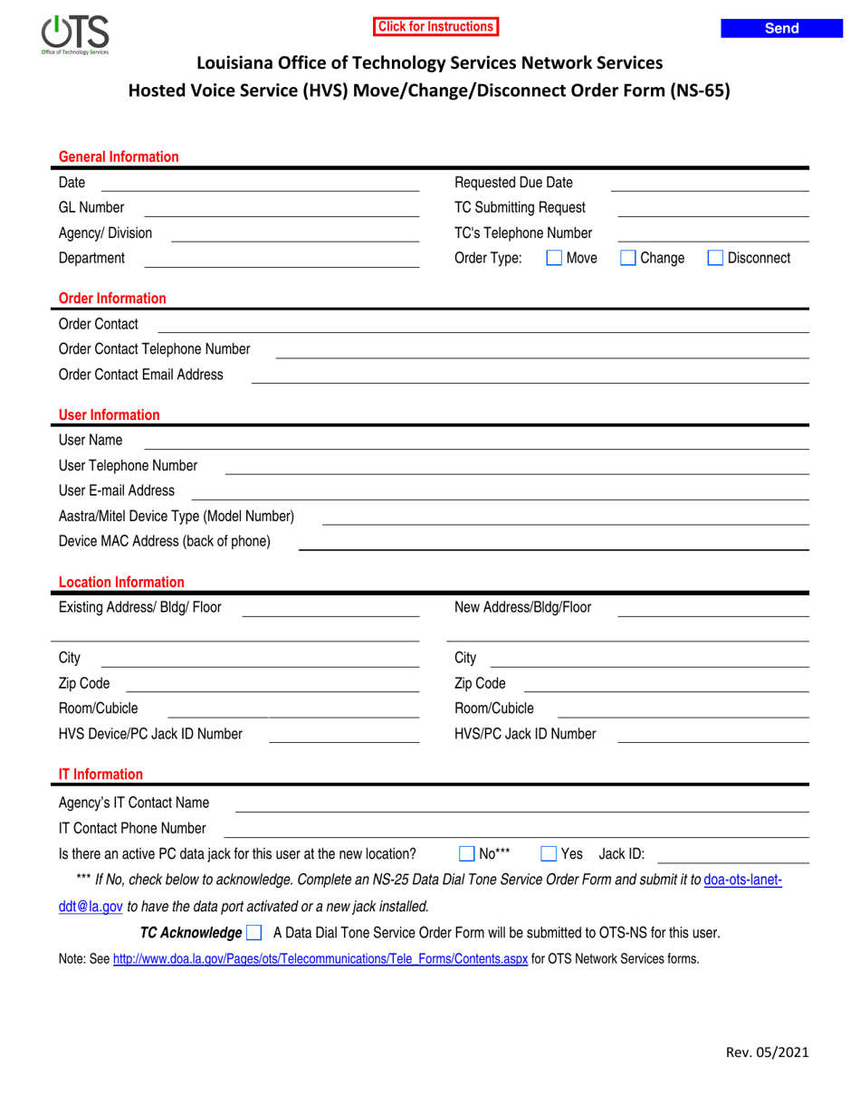 Form NS-65 Hosted Voice Service (Hvs) Move / Change / Disconnect Order Form - Louisiana, Page 1