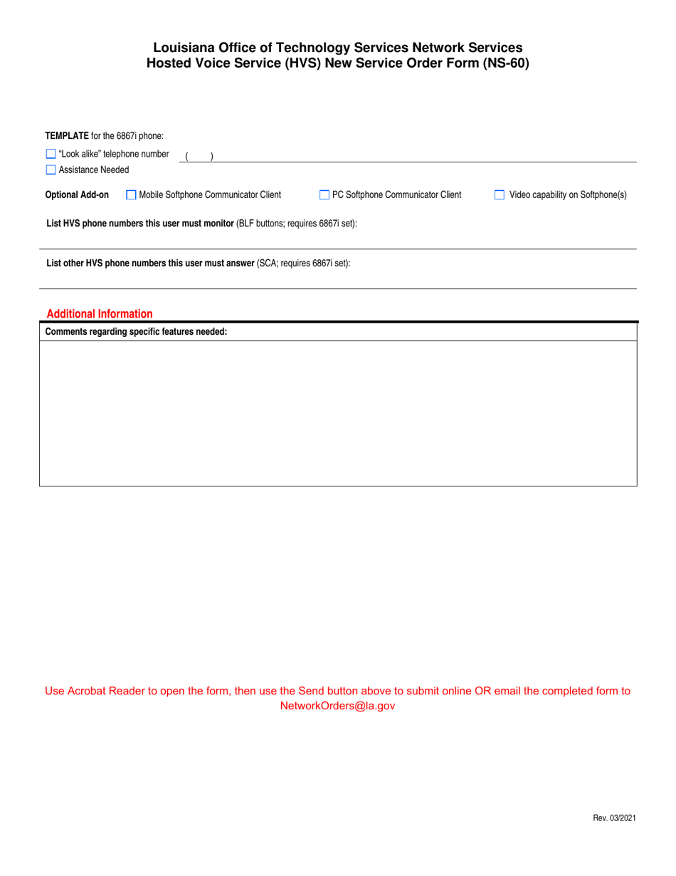 Form NS-60 Hosted Voice Service (Hvs) New Service Order Form - Louisiana, Page 2