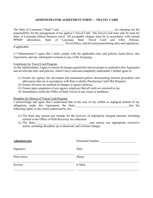 Administrator Agreement Form - Travel Card - Louisiana Download Pdf
