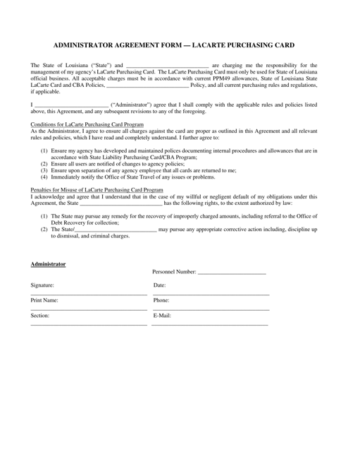 Administrator Agreement Form - Lacarte Purchasing Card - Louisiana Download Pdf