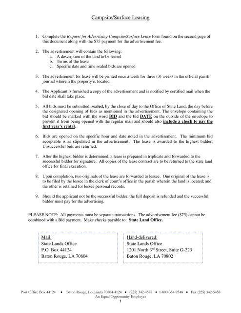 Request for Advertisement of Campsite / Surface Lease - Louisiana Download Pdf