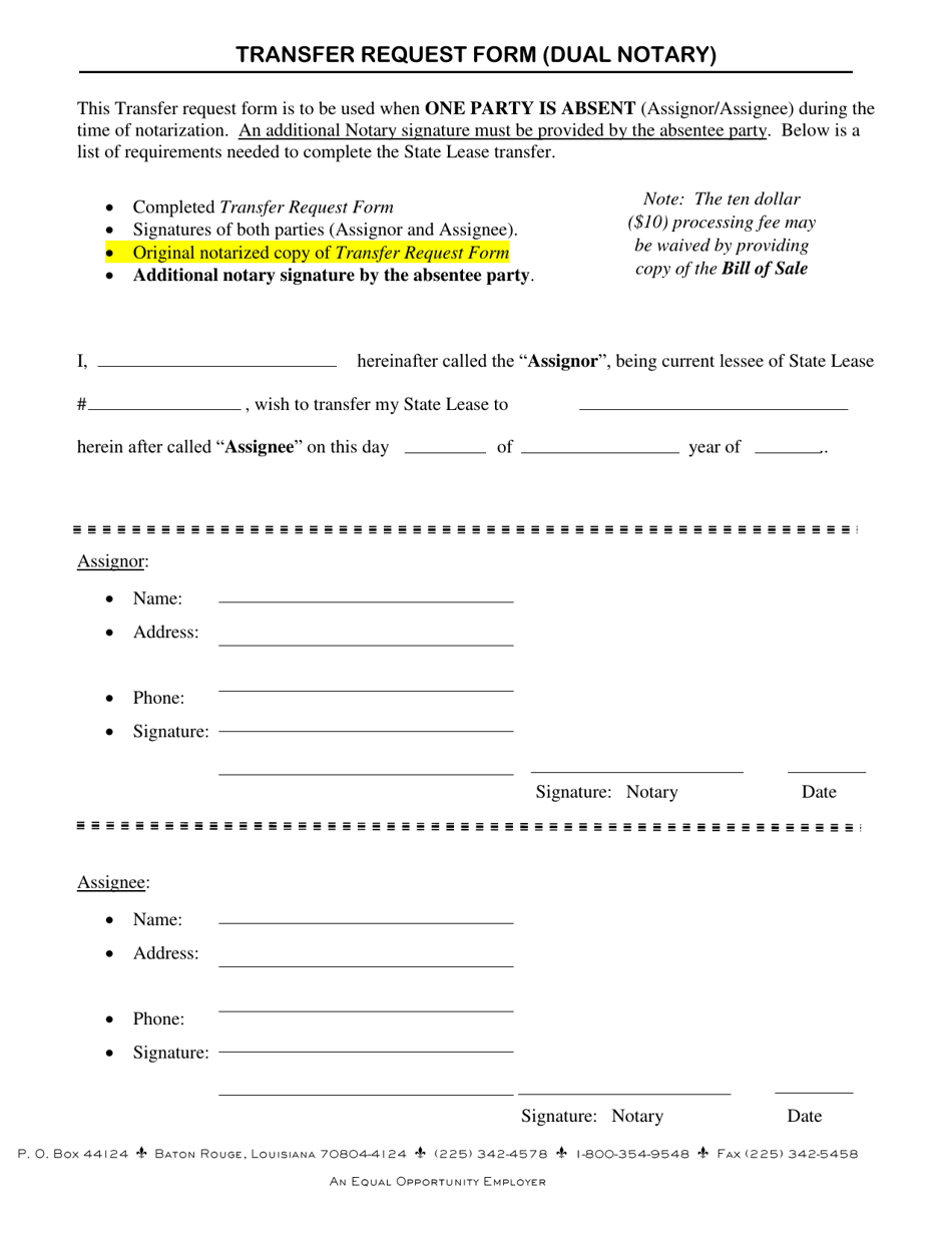 Transfer Request Form (Dual Notary) - Louisiana, Page 1
