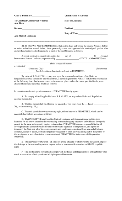 Louisiana Class C Permit to Construct Commercial Wharves and Piers ...