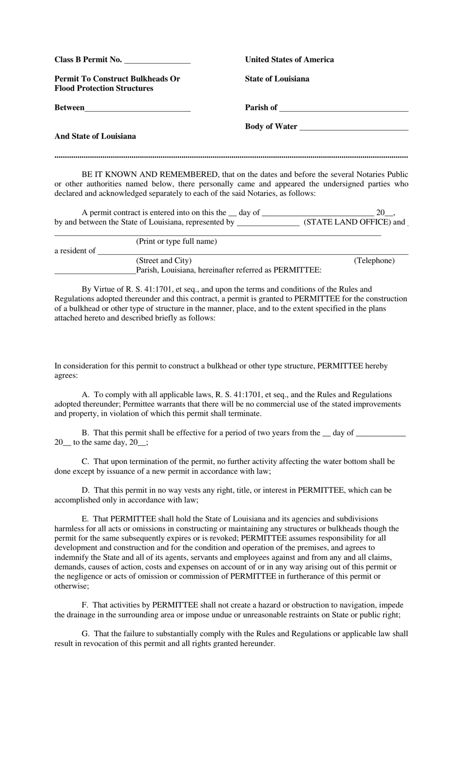 Class B Permit to Construct Bulkheads or Flood Protection Structures - Louisiana, Page 1