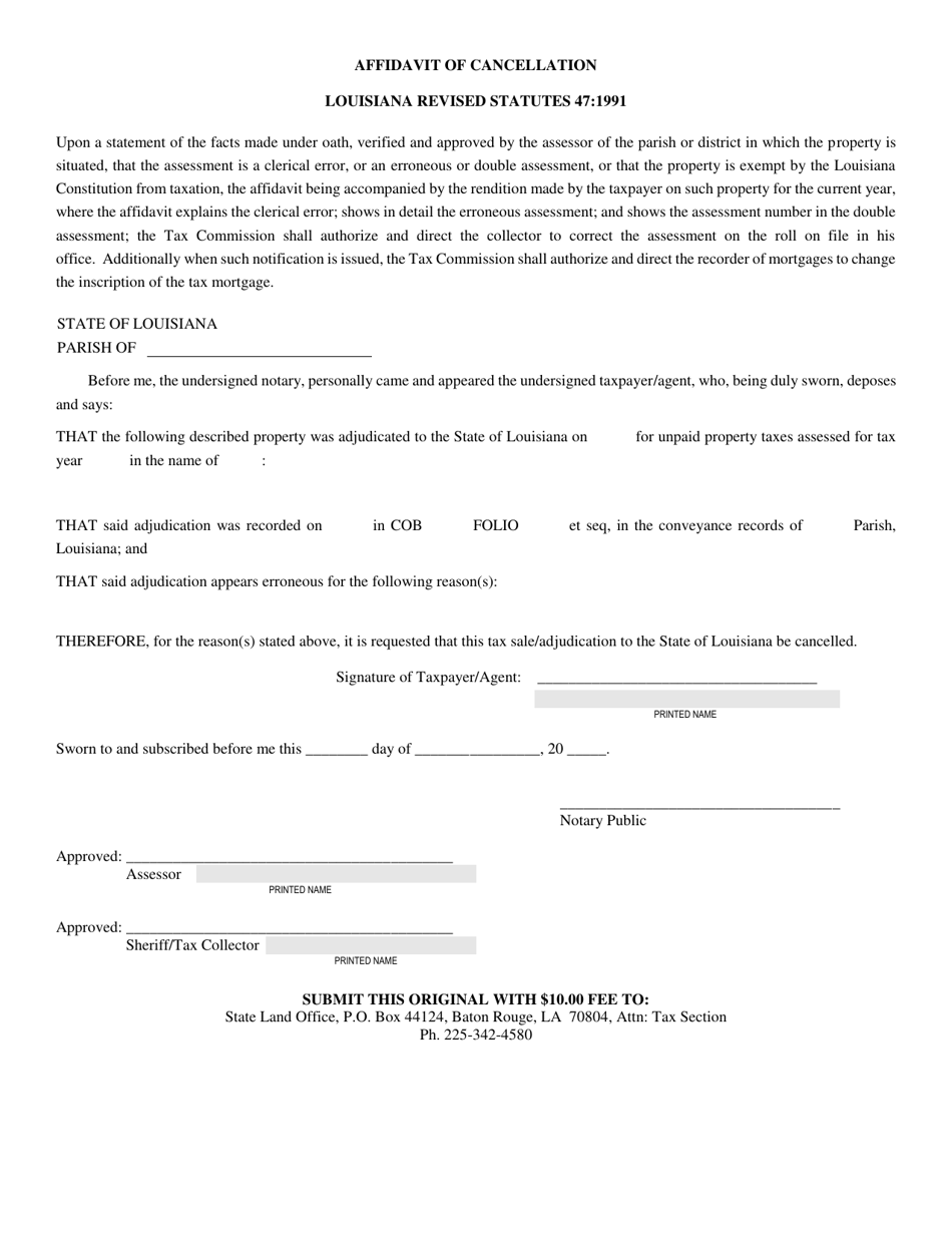 Affidavit of Cancellation - Louisiana, Page 1