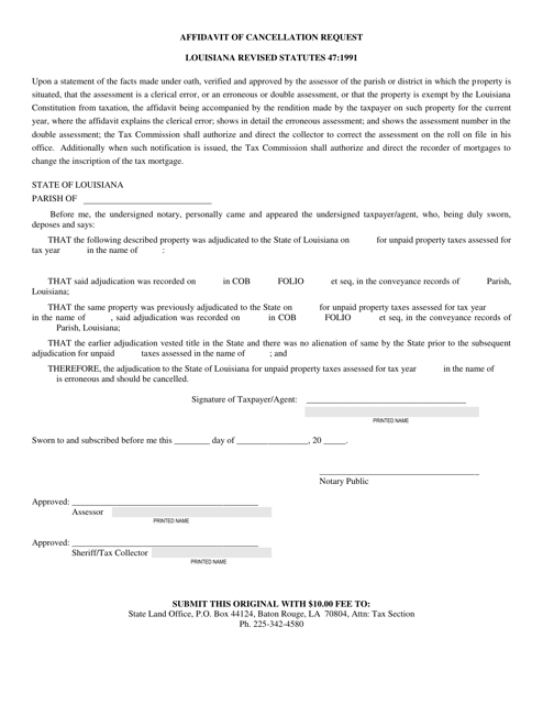 Affidavit of Cancellation Request (Title Already Vested in State) - Louisiana
