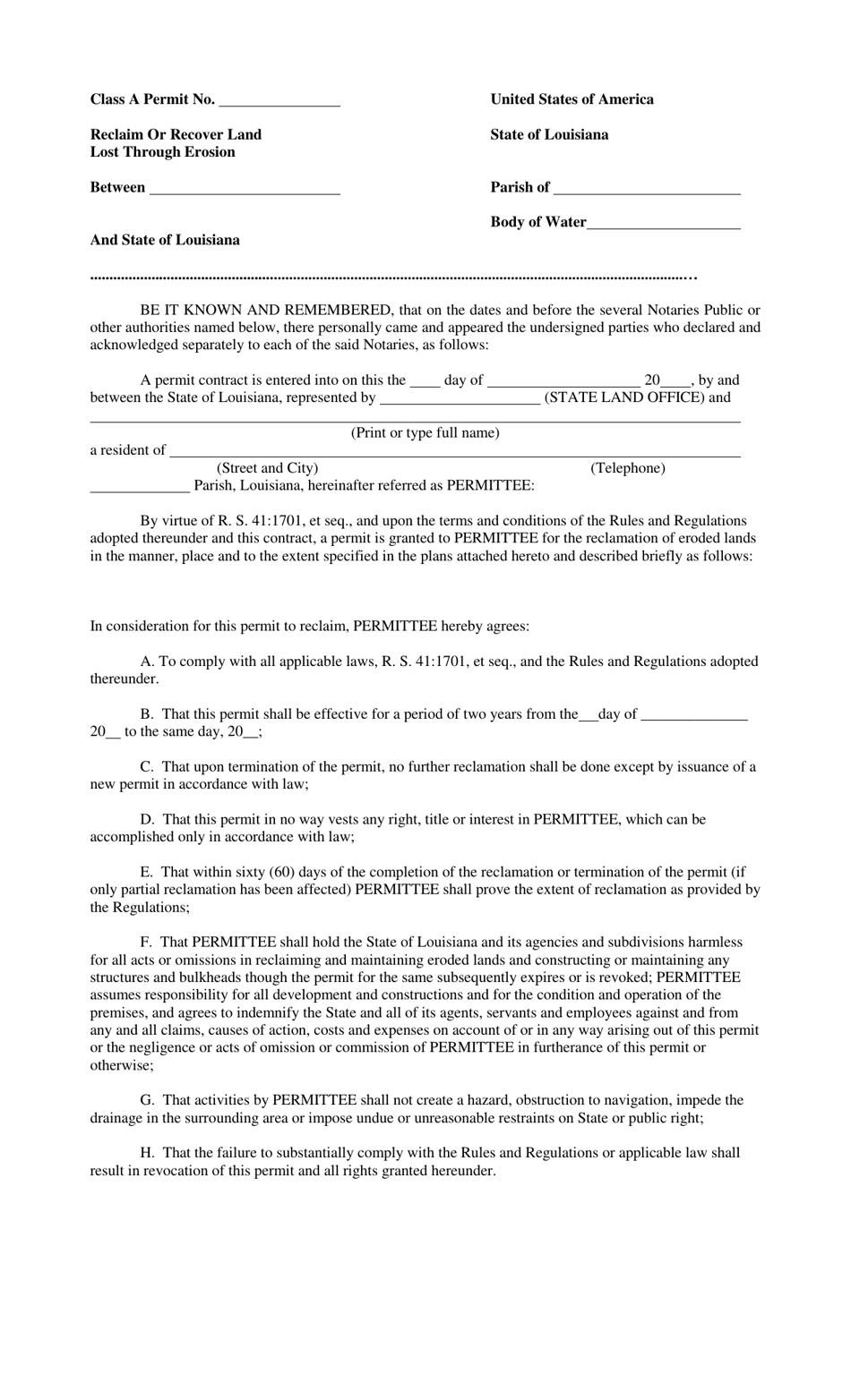 Class a Permit to Reclaim or Recover Land Lost Through Erosion - Louisiana, Page 1