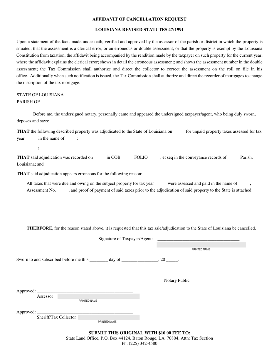 Affidavit of Cancellation Request (Dual Assessment) - Louisiana, Page 1
