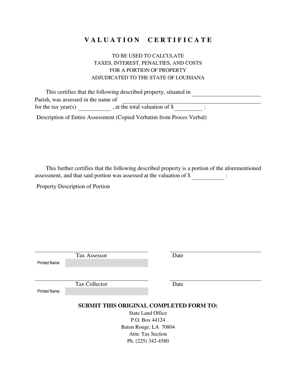 Valuation Certificate - Louisiana, Page 1