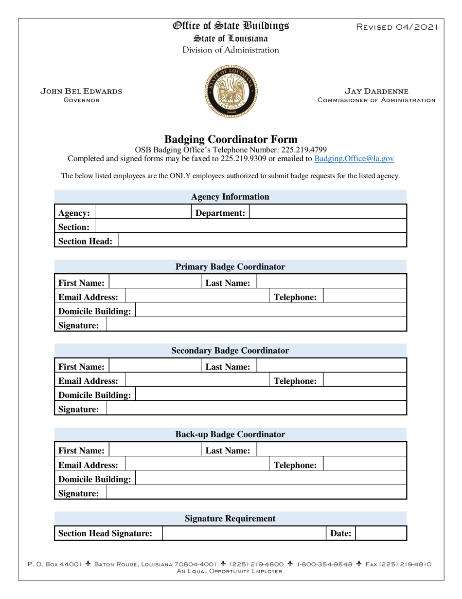 Louisiana Badging Coordinator Form Fill Out, Sign Online and Download