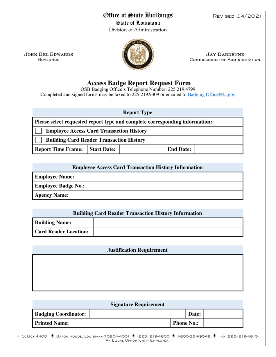 Access Badge Report Request Form - Louisiana, Page 1