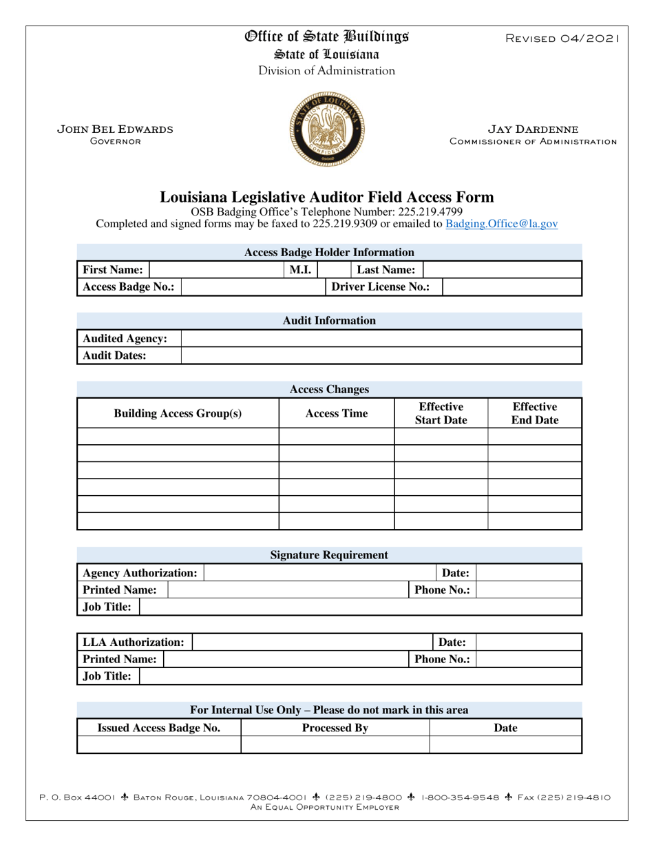 Louisiana Legislative Auditor Field Access Form - Louisiana, Page 1
