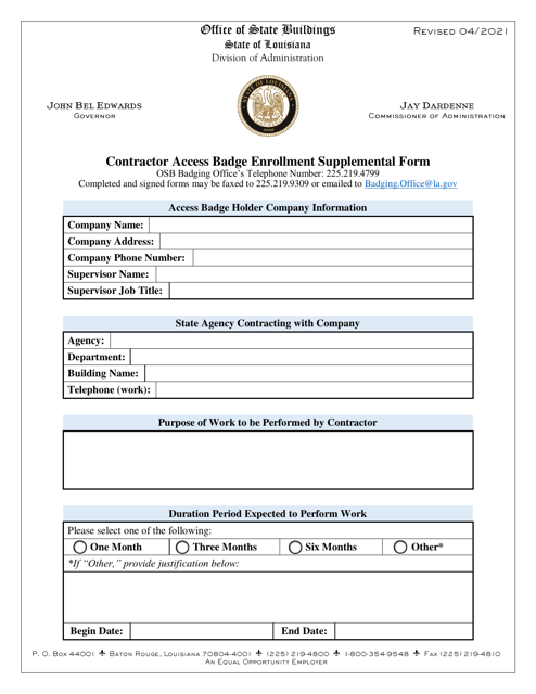 Contractor Access Badge Enrollment Supplemental Form - Louisiana Download Pdf