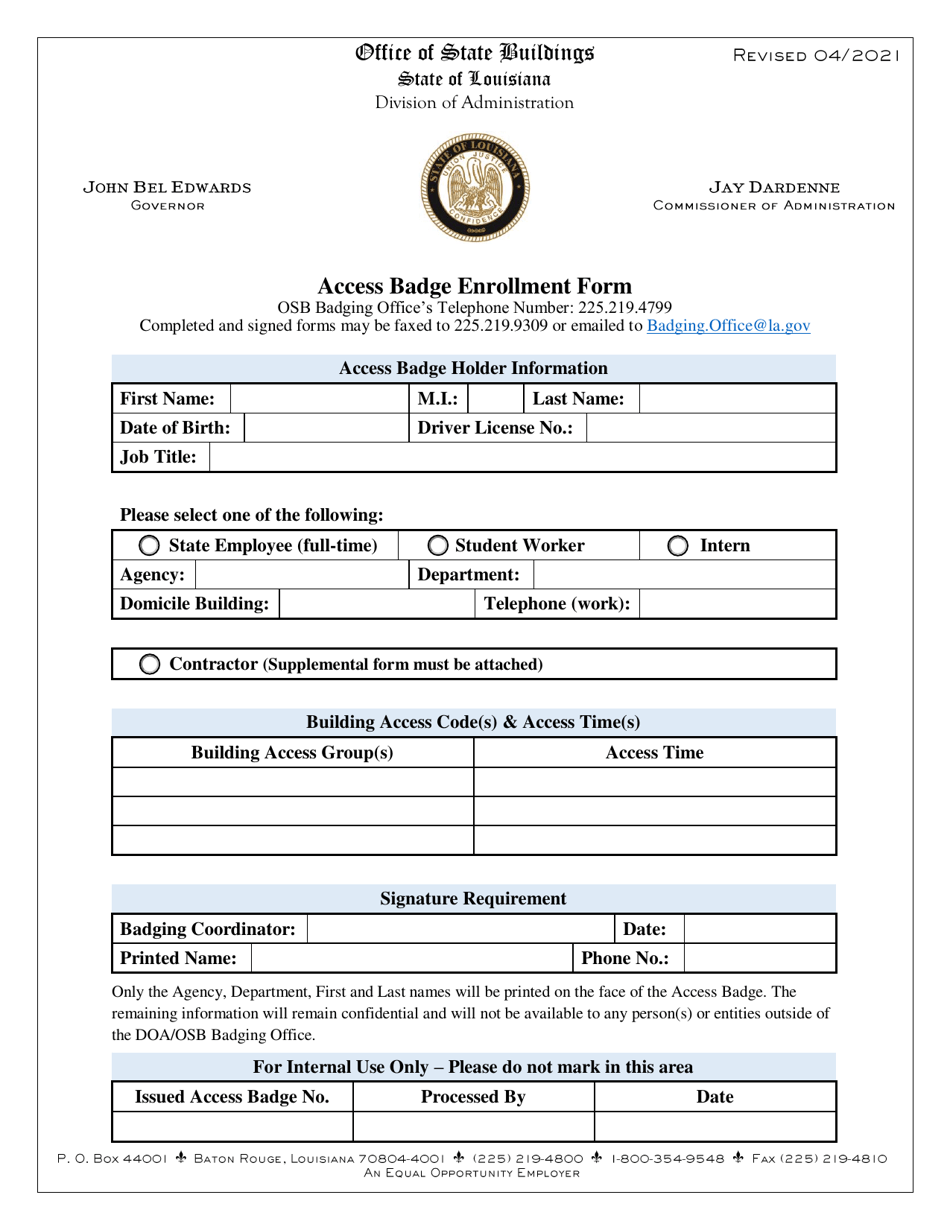 Access Badge Enrollment Form - Louisiana, Page 1