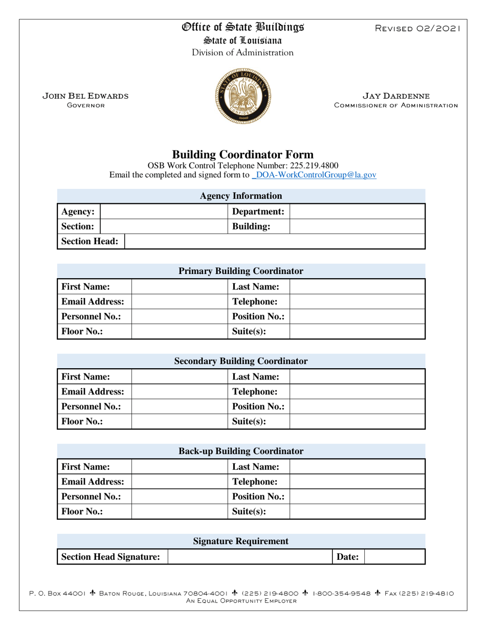 Building Coordinator Form - Louisiana, Page 1