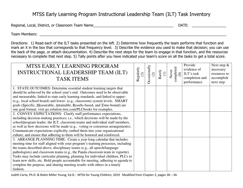 Mtss Early Learning Program Instructional Leadership Team (Ilt) Task Inventory - Nebraska