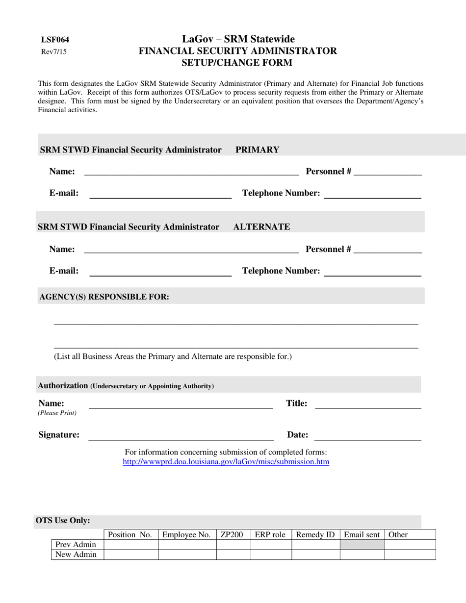 Form LSF064 Lagov - Srm Statewide Financial Security Administrator Setup / Change Form - Louisiana, Page 1