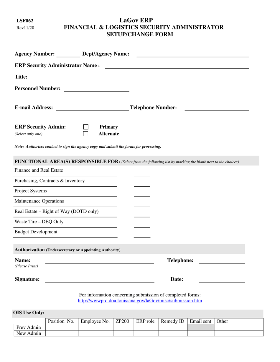 Form LSF062 Lagov Erp Financial  Logistics Security Administrator Setup / Change Form - Louisiana, Page 1