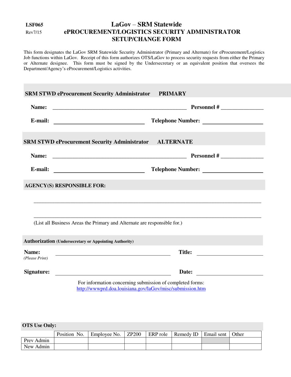 Form LSF065 Lagov - Srm Statewide Eprocurement / Logistics Security Administrator Setup / Change Form - Louisiana, Page 1