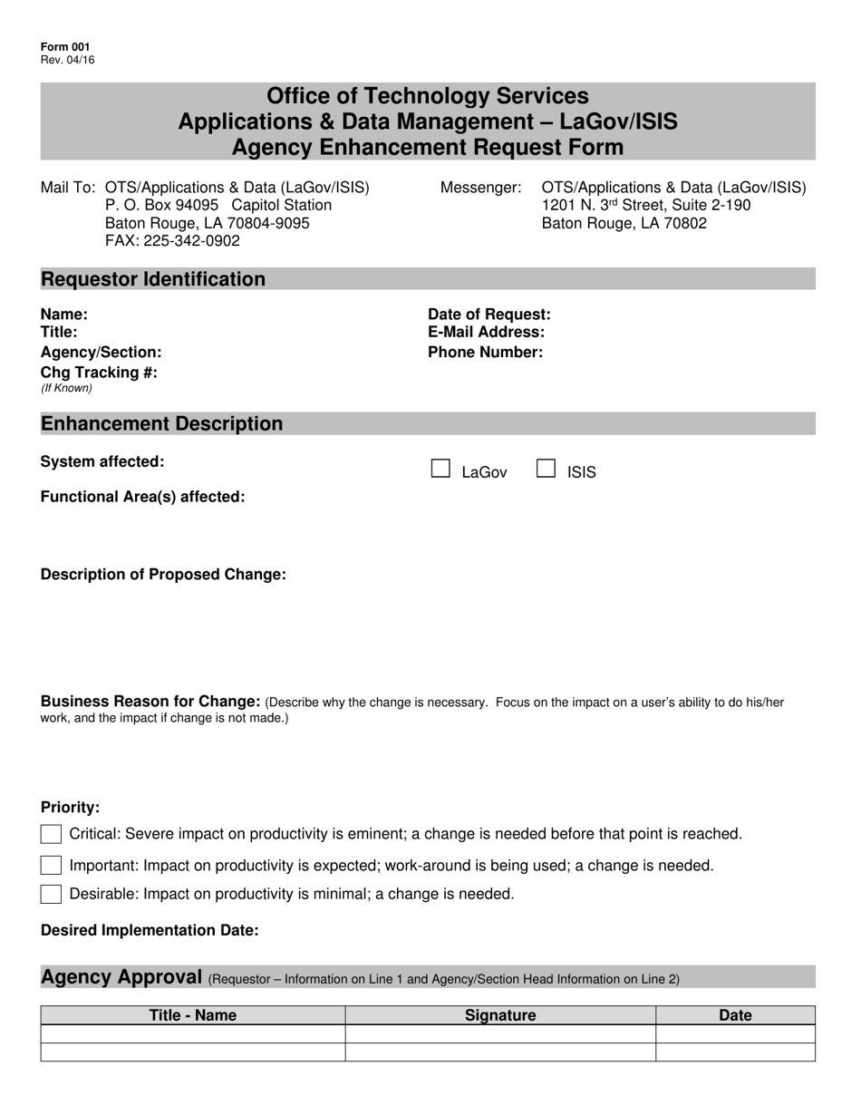 Form ISF001 Lagov / Isis Agency Enhancement Request Form - Louisiana, Page 1