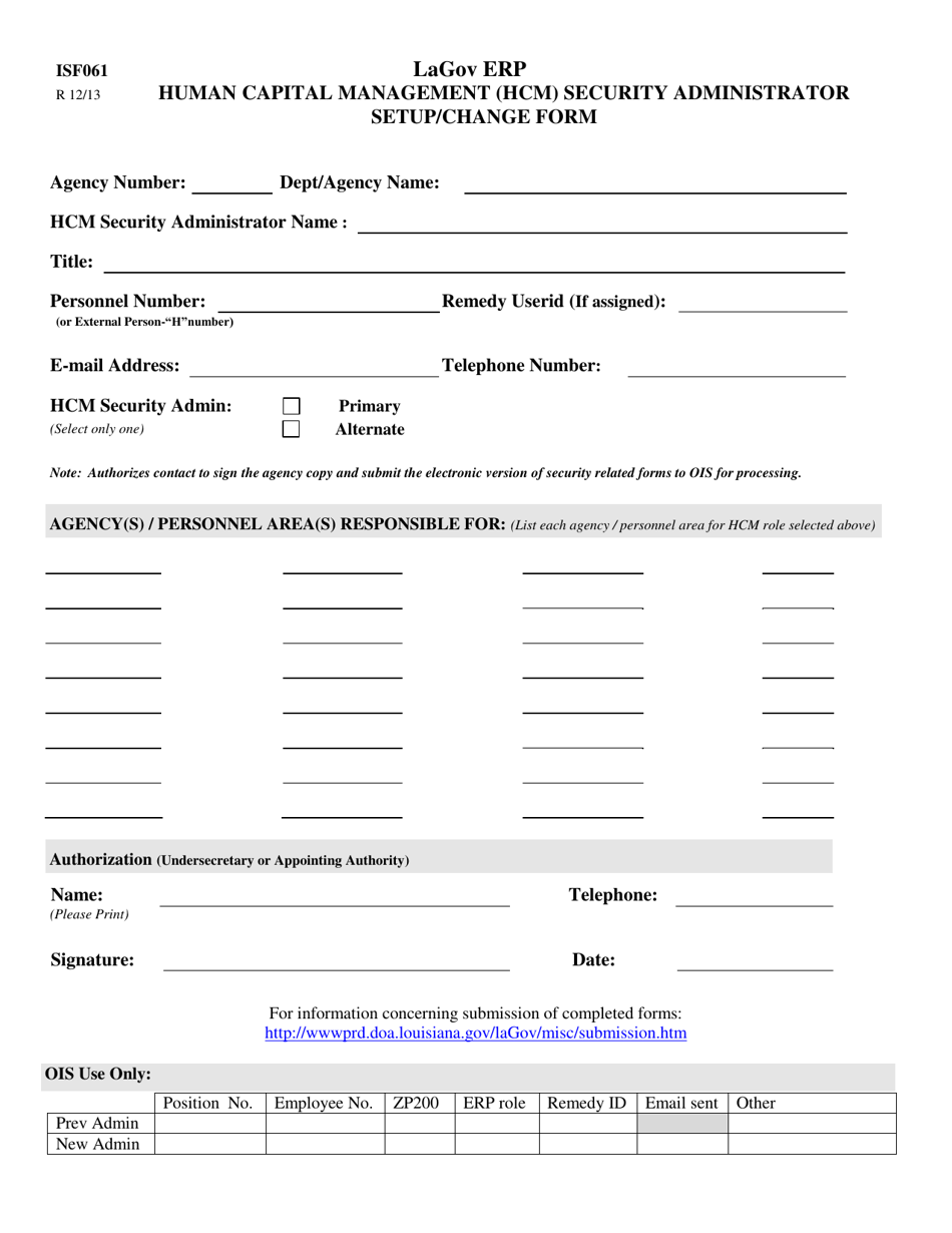 Form ISF061 Lagov Erp Human Capital Management (Hcm) Security Administrator Setup / Change Form - Louisiana, Page 1