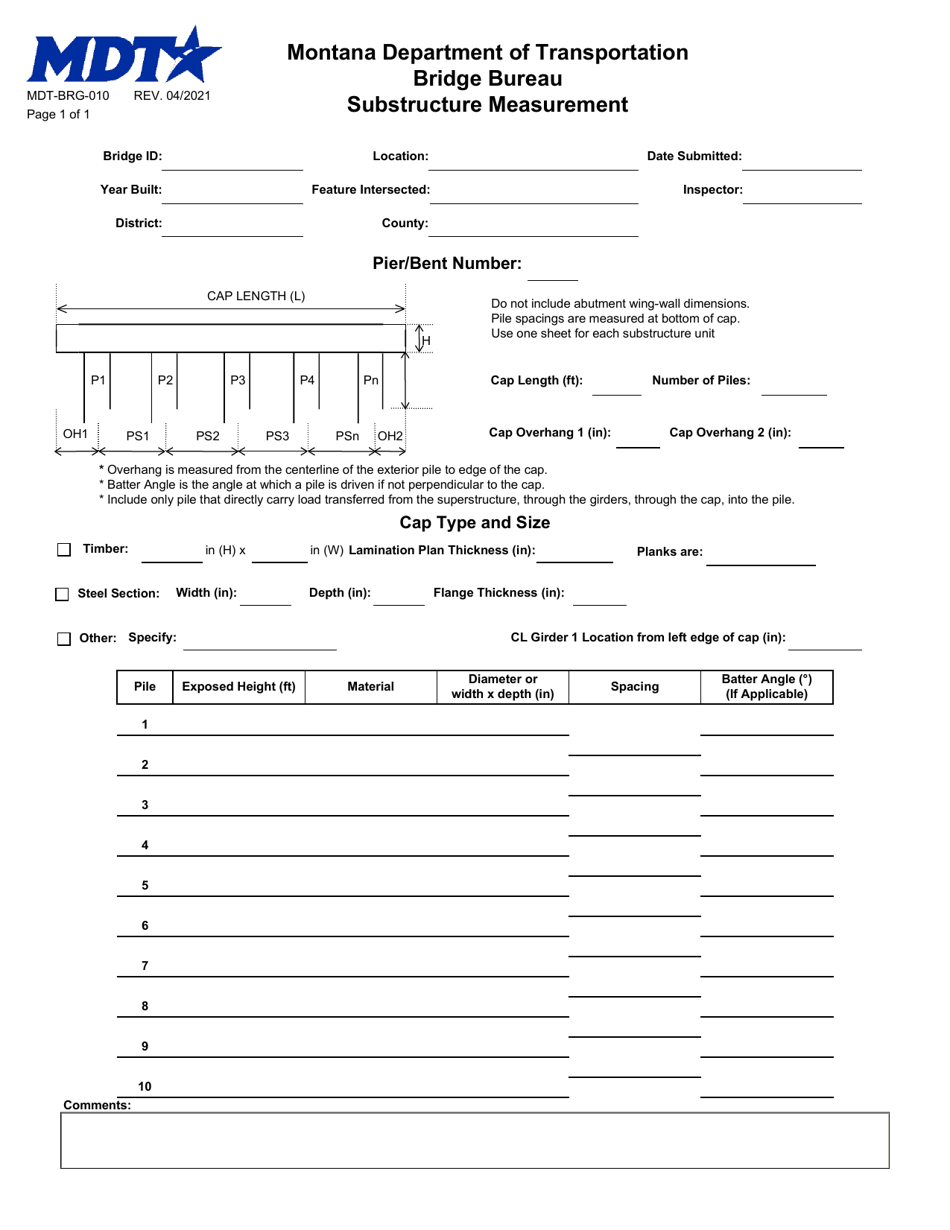 Form MDT-BRG-010 Substructure Measurement - Montana, Page 1