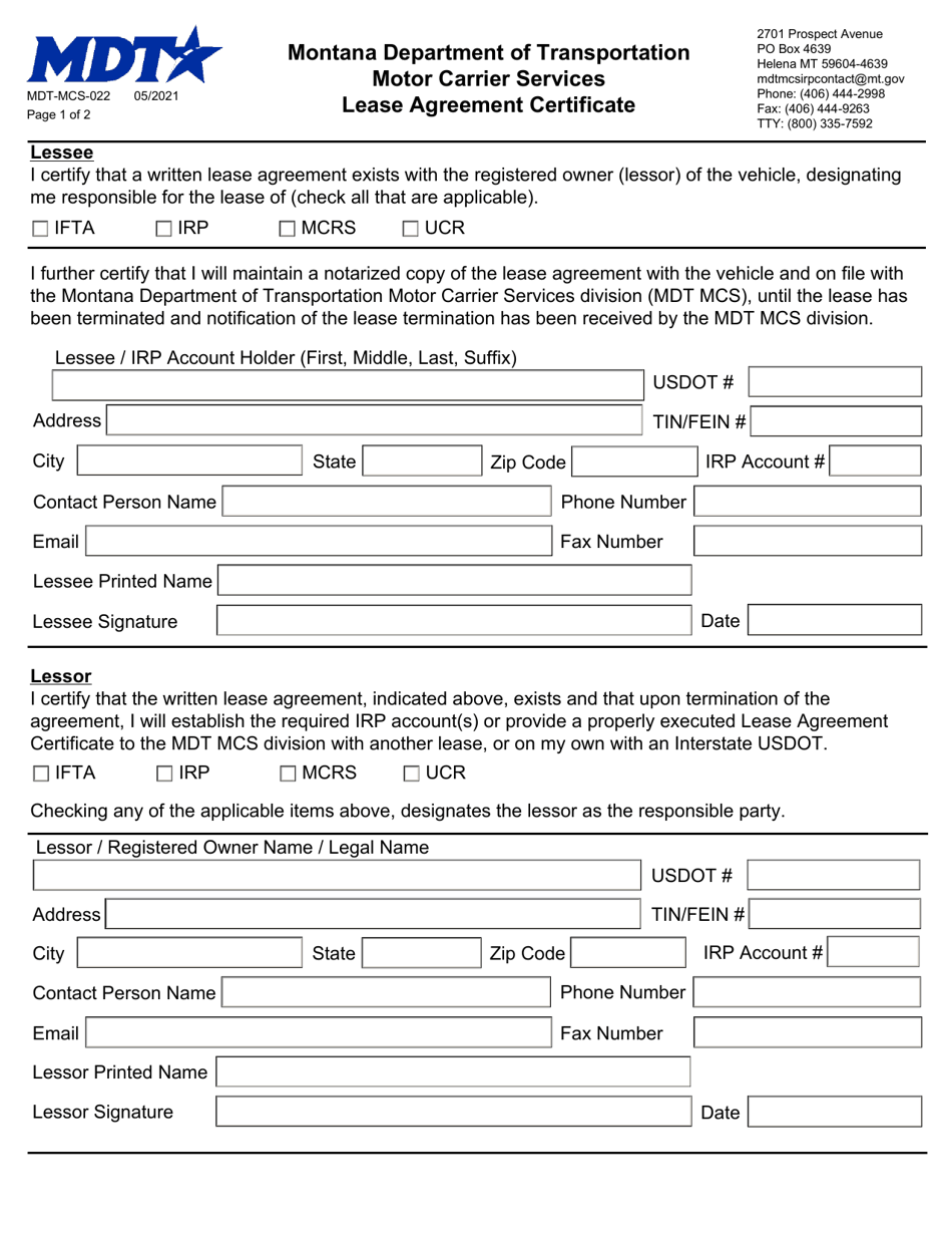 Form MDT-MCS-022 Lease Agreement Certificate - Montana, Page 1
