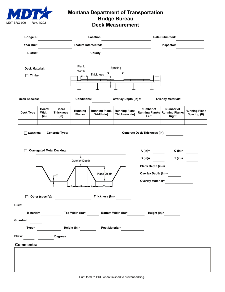 Form MDT-BRG-009 Deck Measurement - Montana, Page 1