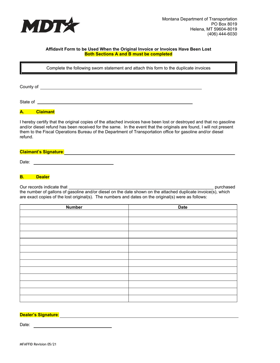 Affidavit Form to Be Used When the Original Invoice or Invoices Have Been Lost - Montana, Page 1