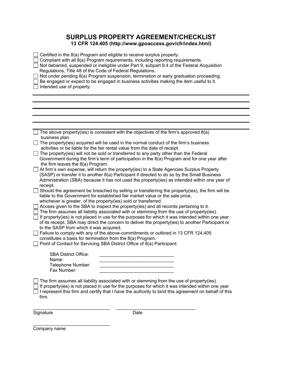 Surplus Property Agreement / Checklist - Louisiana, Page 1